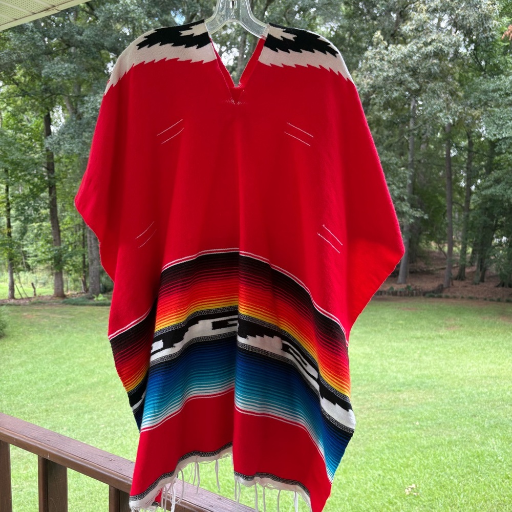 70’s Vintage Unisex Vibrant Red Mexican Poncho with Multicolor Stripes